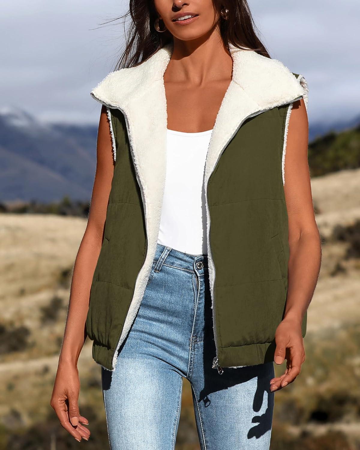 imagePRETTYGARDEN Womens Fleece Vest Jacket 2024 Fall Sleeveless Sherpa Puffer Outfits Zip Up Winter Coat Outerwear Army GreenMedium