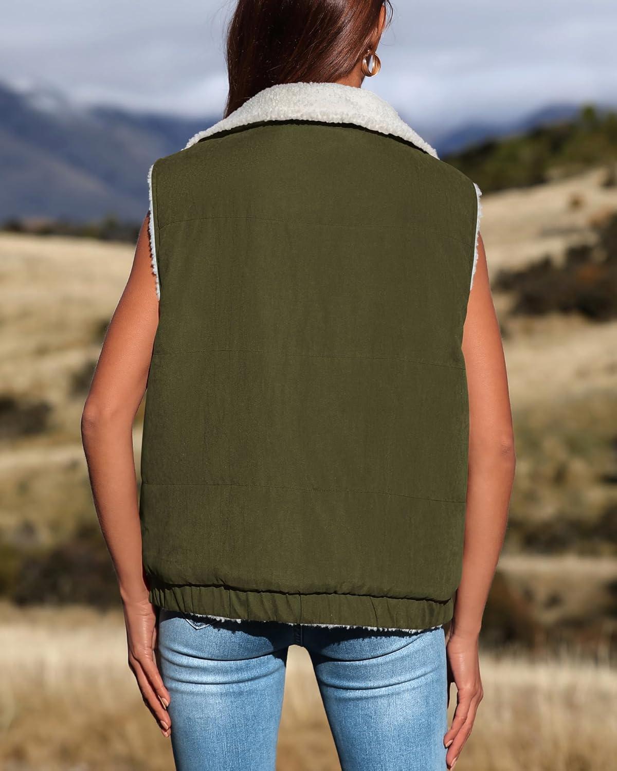 imagePRETTYGARDEN Womens Fleece Vest Jacket 2024 Fall Sleeveless Sherpa Puffer Outfits Zip Up Winter Coat Outerwear Army GreenMedium