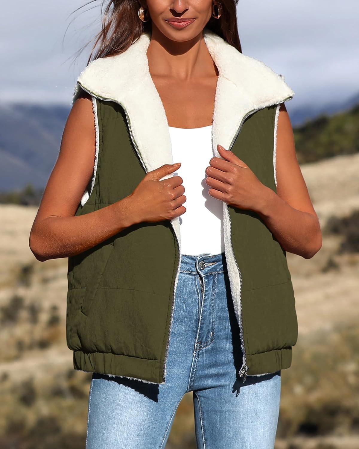 imagePRETTYGARDEN Womens Fleece Vest Jacket 2024 Fall Sleeveless Sherpa Puffer Outfits Zip Up Winter Coat Outerwear Army GreenMedium