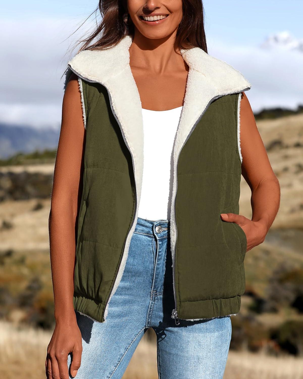 imagePRETTYGARDEN Womens Fleece Vest Jacket 2024 Fall Sleeveless Sherpa Puffer Outfits Zip Up Winter Coat Outerwear Army GreenMedium