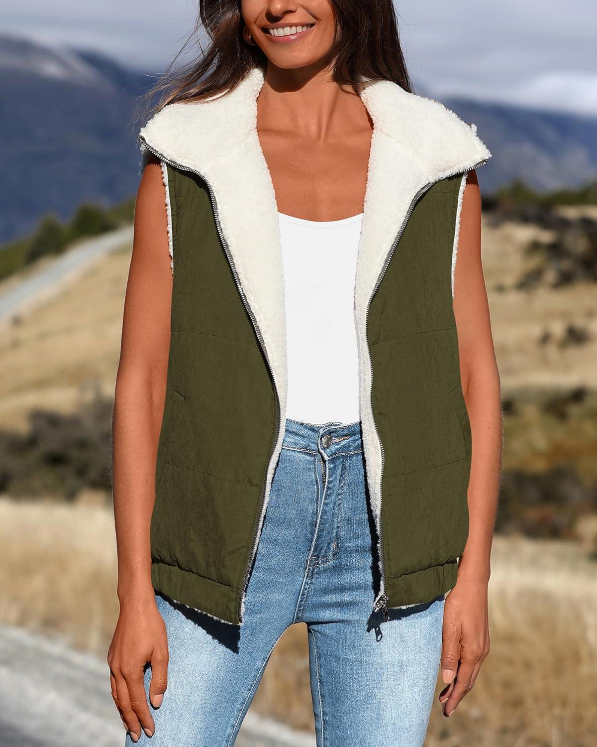 imagePRETTYGARDEN Womens Fleece Vest Jacket 2024 Fall Sleeveless Sherpa Puffer Outfits Zip Up Winter Coat Outerwear Army GreenMedium