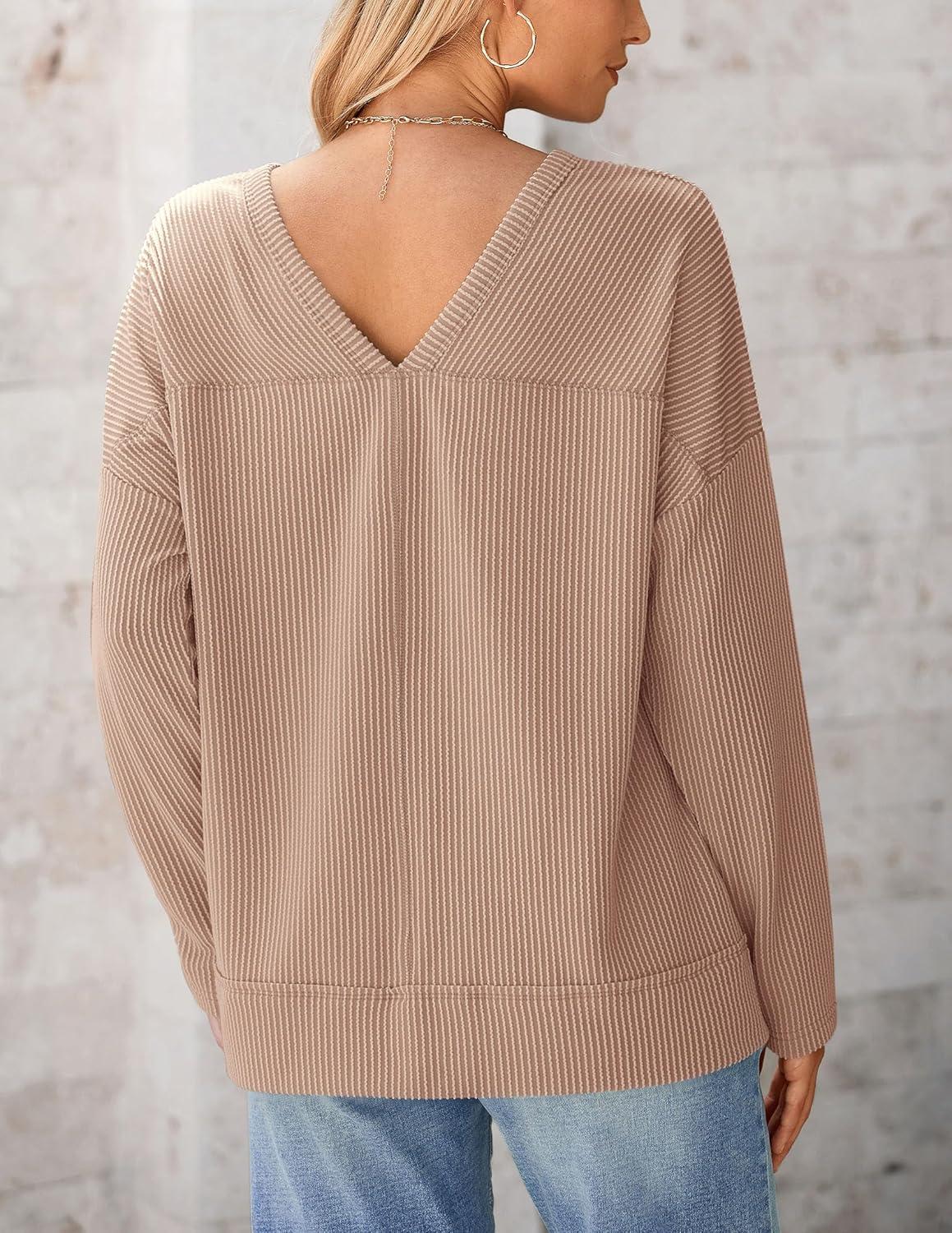 imagePRETTYGARDEN Womens Long Sleeve Tops 2024 Fall Trendy Cute V Neck Shirts Casual Loose Knit Ribbed Tunic Blouses