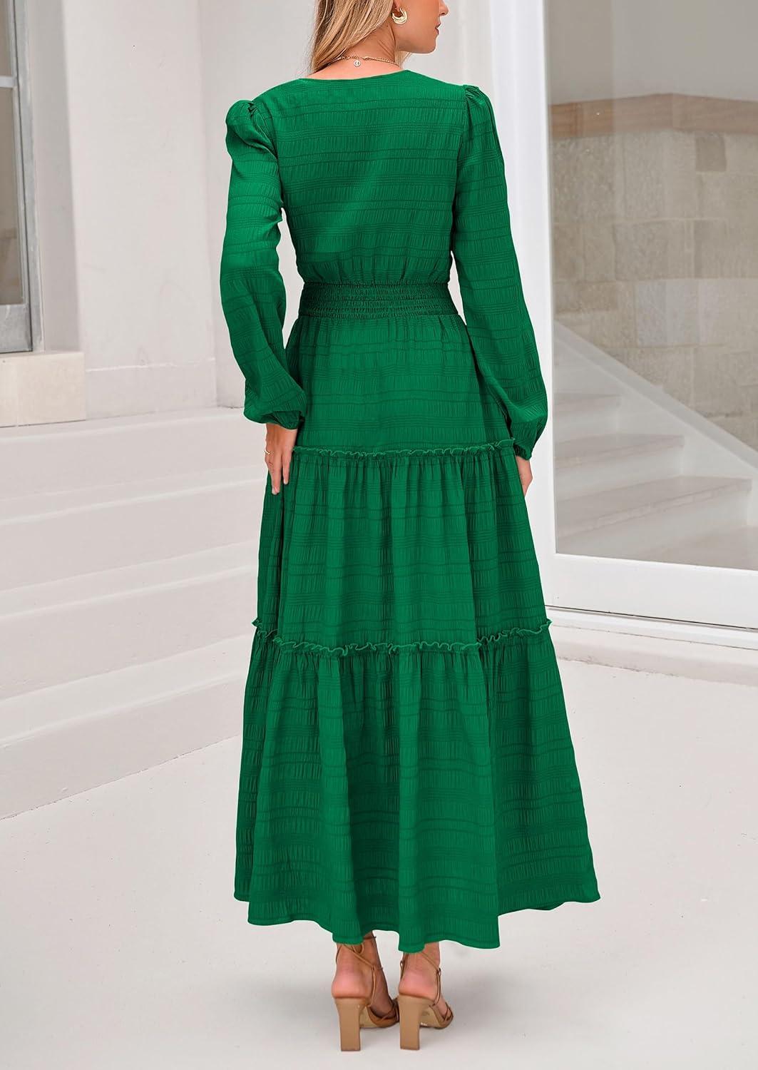 imagePRETTYGARDEN Womens Maxi Dress Casual Long Sleeve V Neck Smocked Waist Tiered Ruffle Flowy Cocktail Pocket DressesGreen