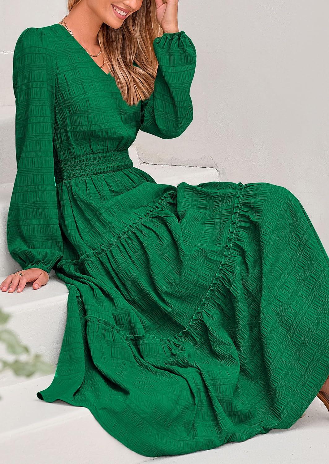 imagePRETTYGARDEN Womens Maxi Dress Casual Long Sleeve V Neck Smocked Waist Tiered Ruffle Flowy Cocktail Pocket DressesGreen
