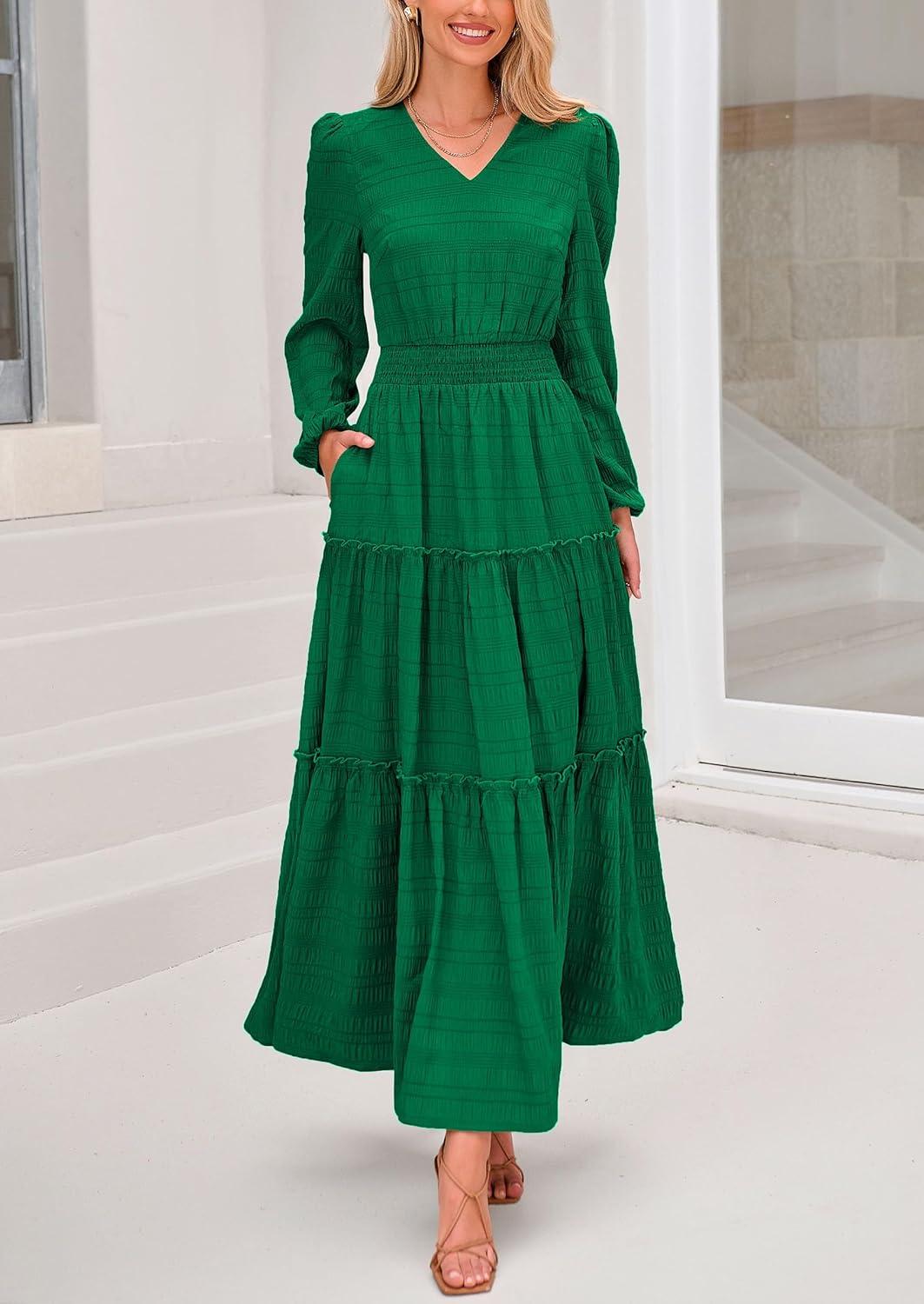 imagePRETTYGARDEN Womens Maxi Dress Casual Long Sleeve V Neck Smocked Waist Tiered Ruffle Flowy Cocktail Pocket DressesGreen