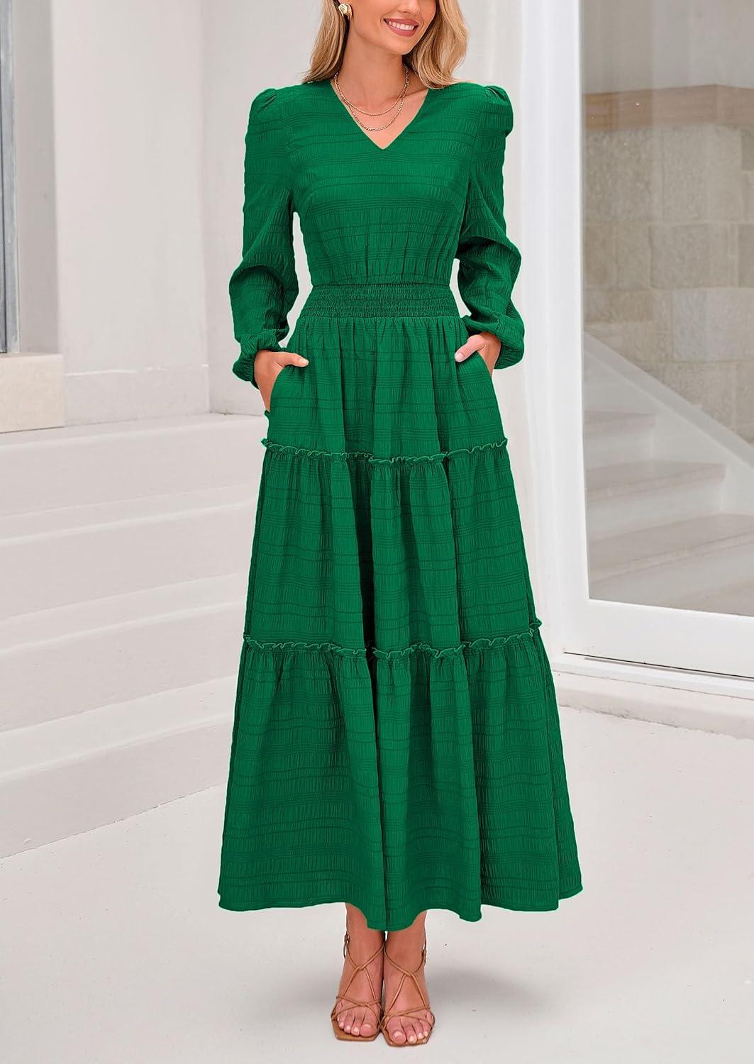 imagePRETTYGARDEN Womens Maxi Dress Casual Long Sleeve V Neck Smocked Waist Tiered Ruffle Flowy Cocktail Pocket DressesGreen