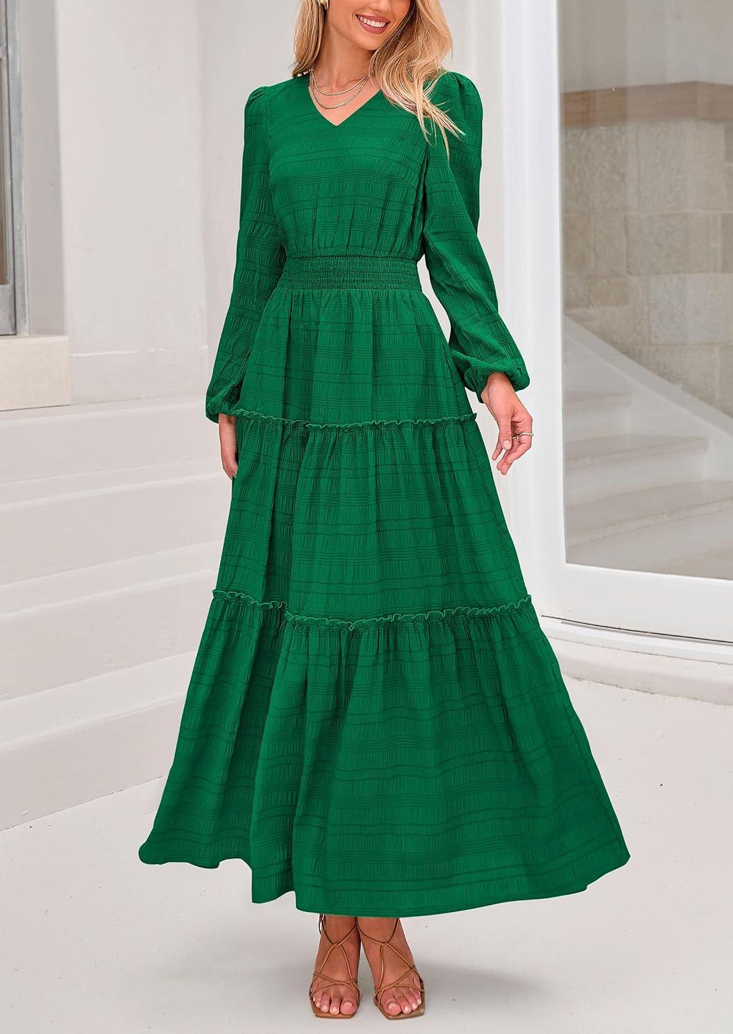 imagePRETTYGARDEN Womens Maxi Dress Casual Long Sleeve V Neck Smocked Waist Tiered Ruffle Flowy Cocktail Pocket DressesGreen