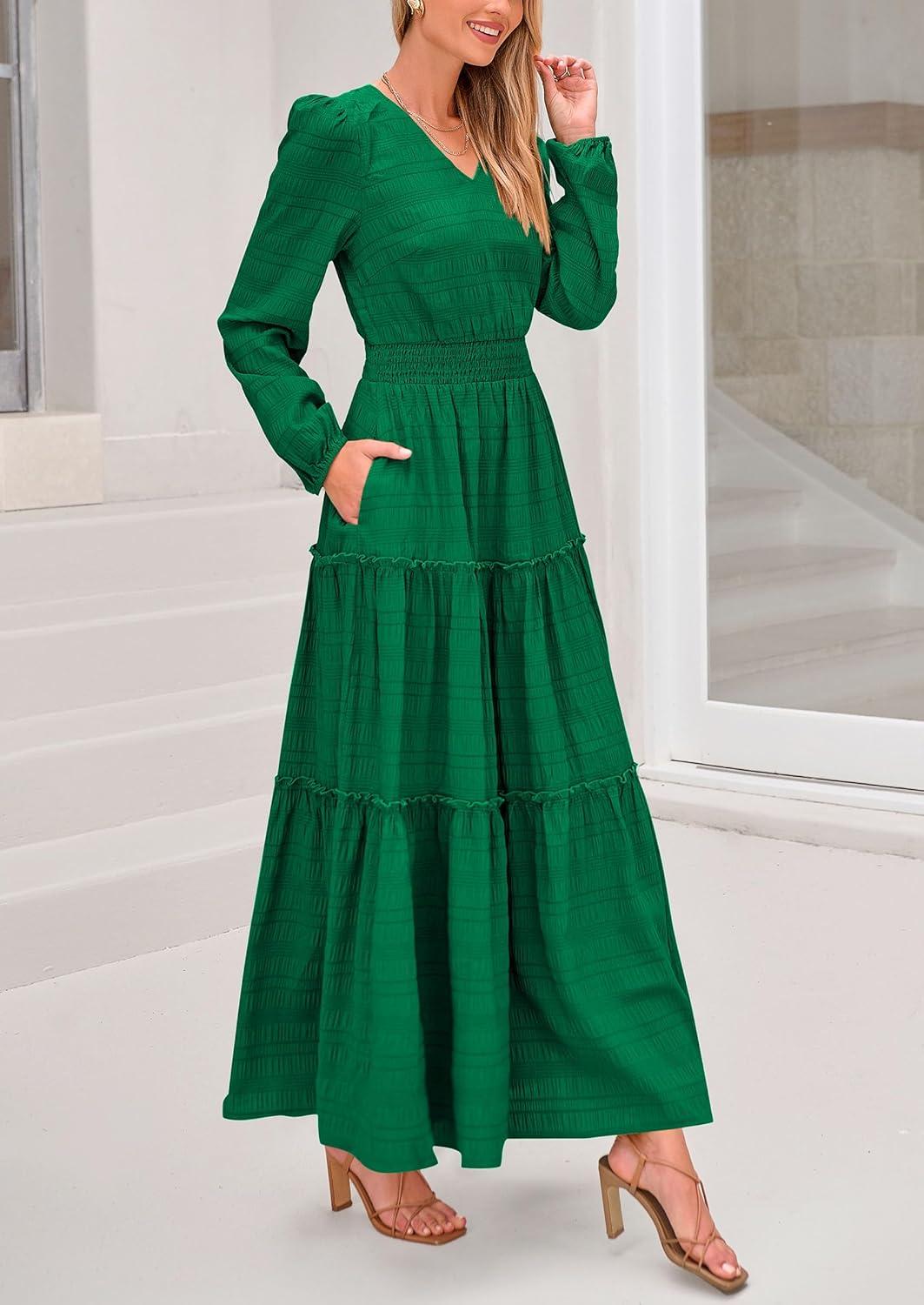 imagePRETTYGARDEN Womens Maxi Dress Casual Long Sleeve V Neck Smocked Waist Tiered Ruffle Flowy Cocktail Pocket DressesGreen