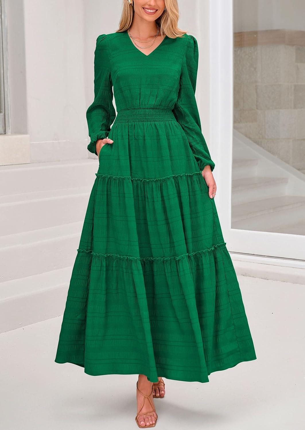 imagePRETTYGARDEN Womens Maxi Dress Casual Long Sleeve V Neck Smocked Waist Tiered Ruffle Flowy Cocktail Pocket DressesGreen