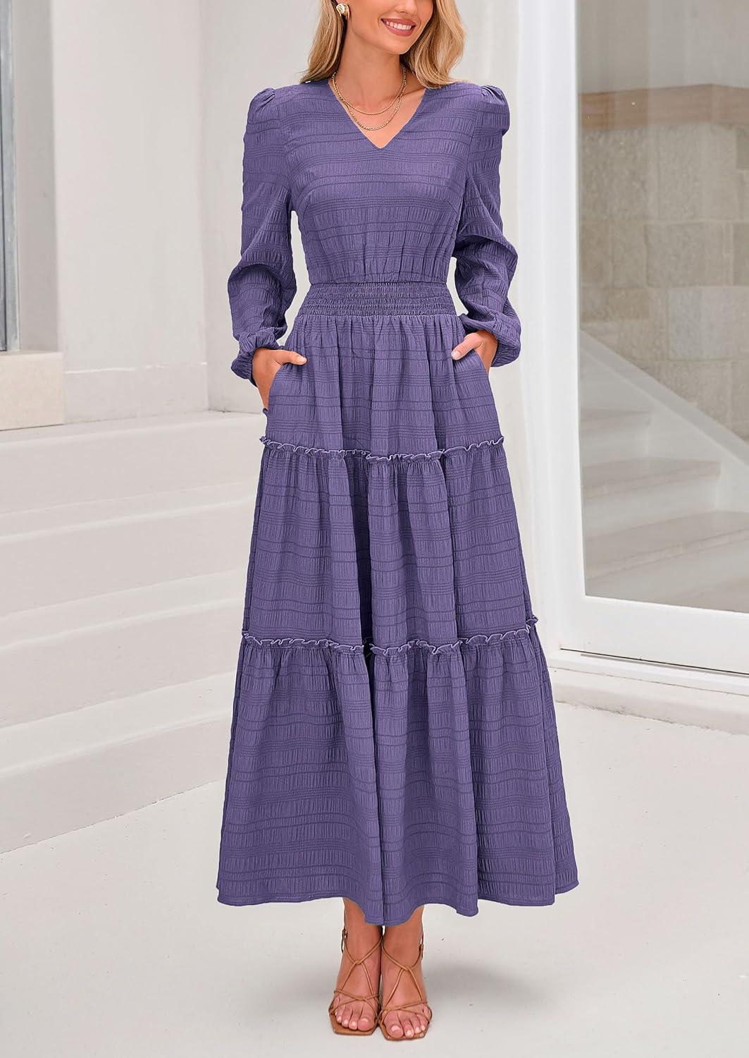 imagePRETTYGARDEN Womens Maxi Dress Casual Long Sleeve V Neck Smocked Waist Tiered Ruffle Flowy Cocktail Pocket DressesPurple