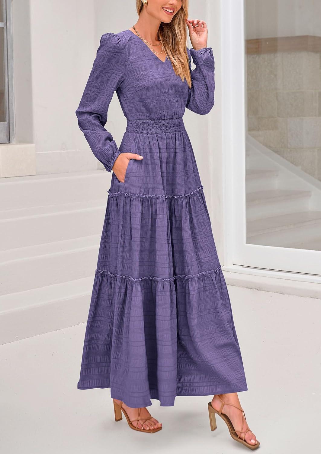imagePRETTYGARDEN Womens Maxi Dress Casual Long Sleeve V Neck Smocked Waist Tiered Ruffle Flowy Cocktail Pocket DressesPurple