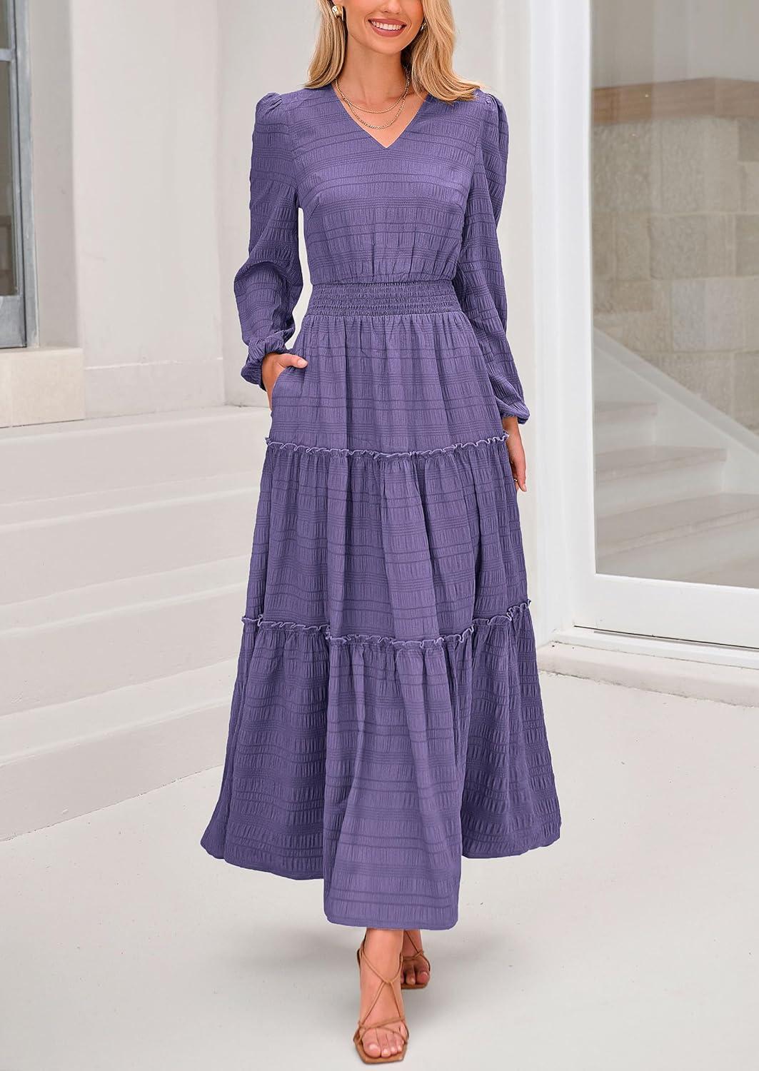 imagePRETTYGARDEN Womens Maxi Dress Casual Long Sleeve V Neck Smocked Waist Tiered Ruffle Flowy Cocktail Pocket DressesPurple