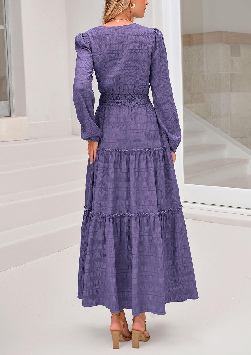 imagePRETTYGARDEN Womens Maxi Dress Casual Long Sleeve V Neck Smocked Waist Tiered Ruffle Flowy Cocktail Pocket DressesPurple