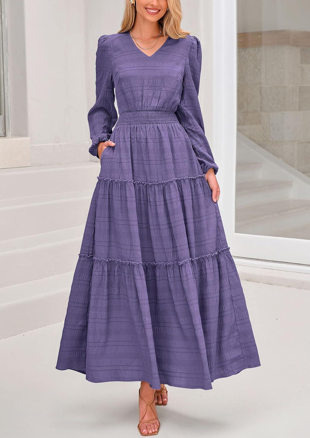 imagePRETTYGARDEN Womens Maxi Dress Casual Long Sleeve V Neck Smocked Waist Tiered Ruffle Flowy Cocktail Pocket DressesPurple