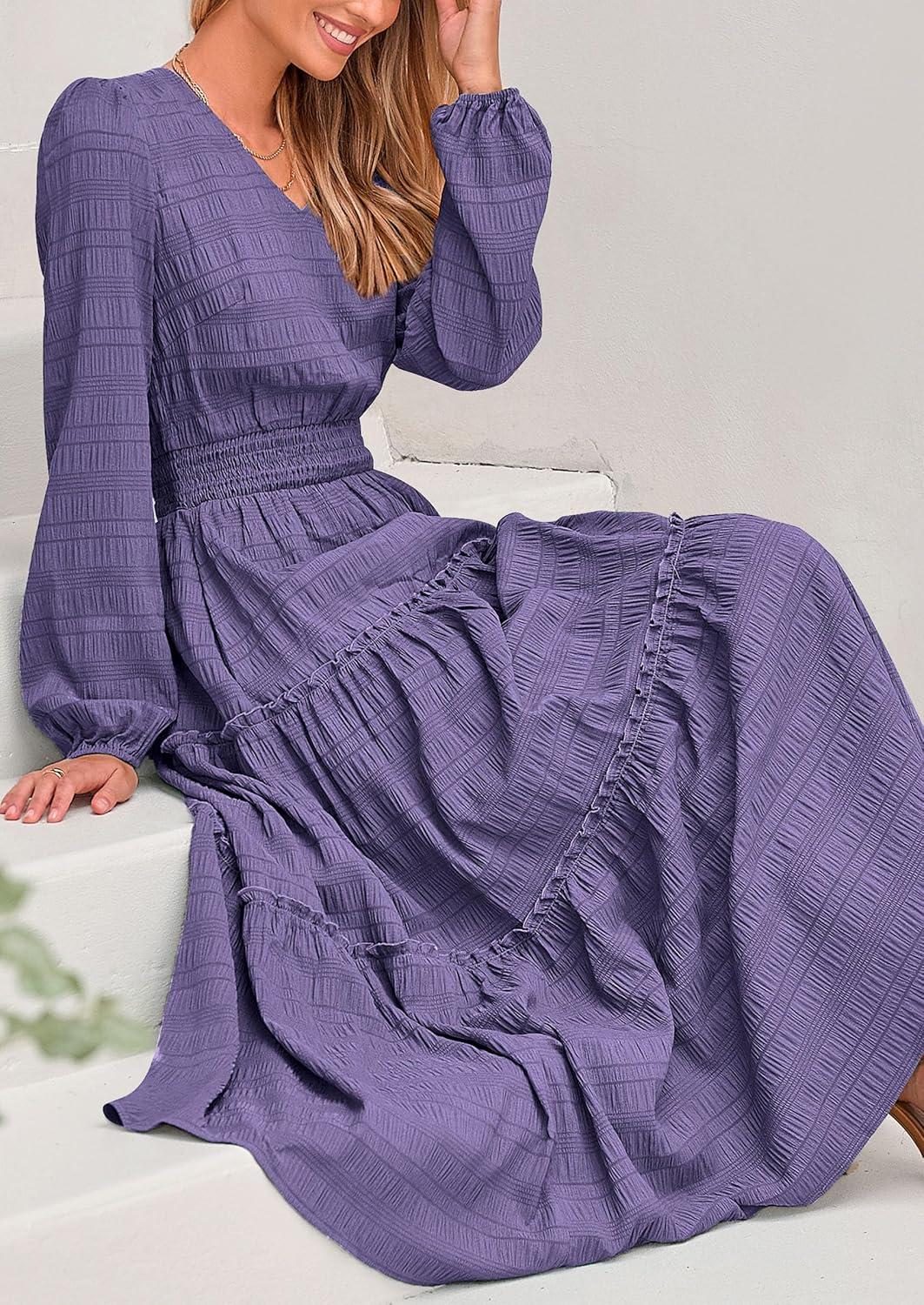 imagePRETTYGARDEN Womens Maxi Dress Casual Long Sleeve V Neck Smocked Waist Tiered Ruffle Flowy Cocktail Pocket DressesPurple