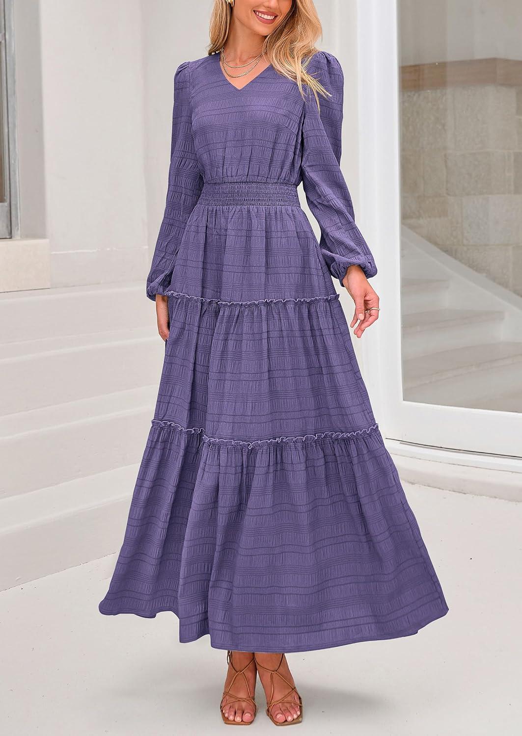imagePRETTYGARDEN Womens Maxi Dress Casual Long Sleeve V Neck Smocked Waist Tiered Ruffle Flowy Cocktail Pocket DressesPurple