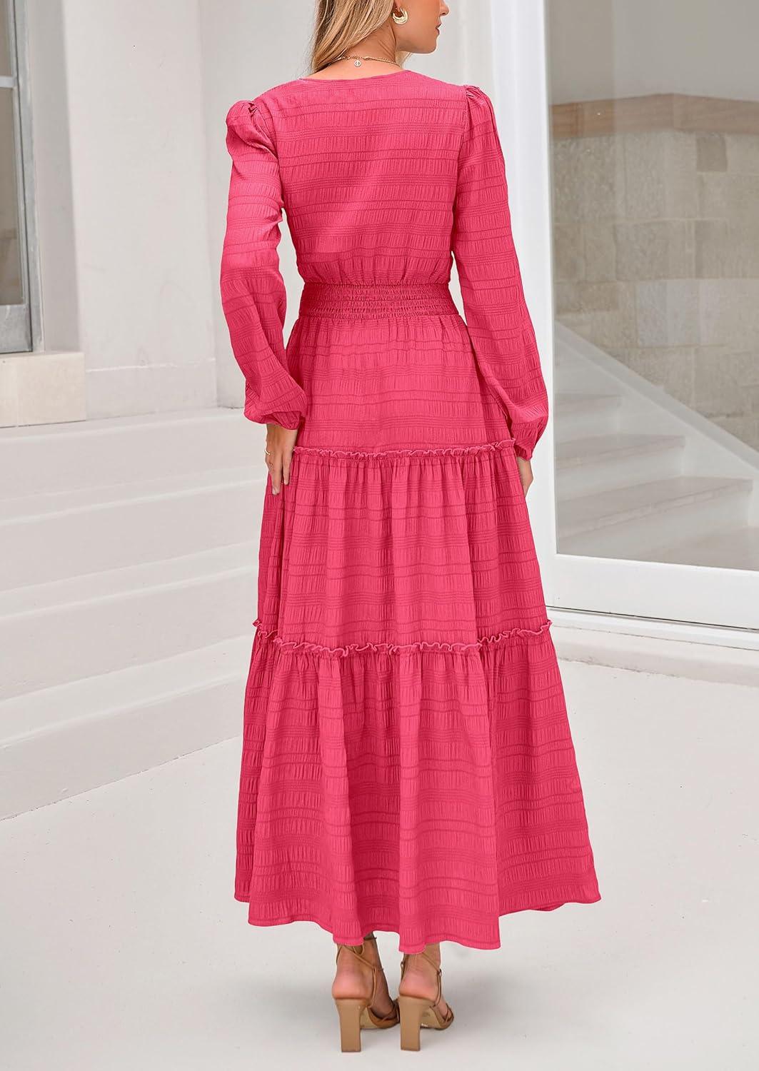 imagePRETTYGARDEN Womens Maxi Dress Casual Long Sleeve V Neck Smocked Waist Tiered Ruffle Flowy Cocktail Pocket DressesRose Red