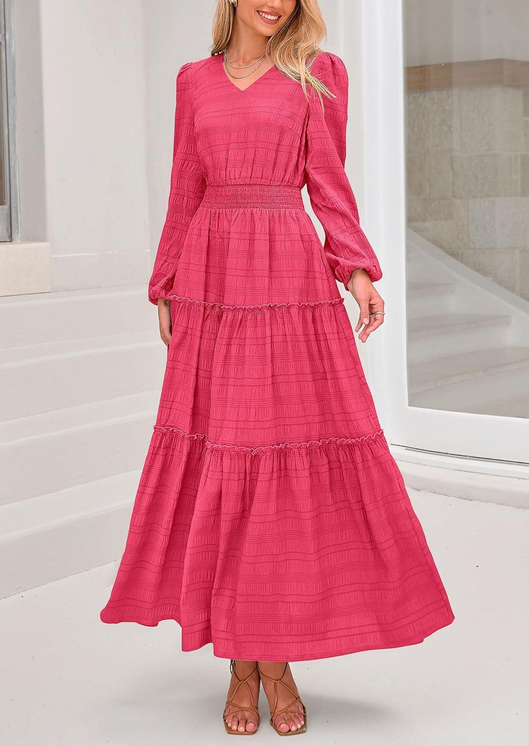 imagePRETTYGARDEN Womens Maxi Dress Casual Long Sleeve V Neck Smocked Waist Tiered Ruffle Flowy Cocktail Pocket DressesRose Red