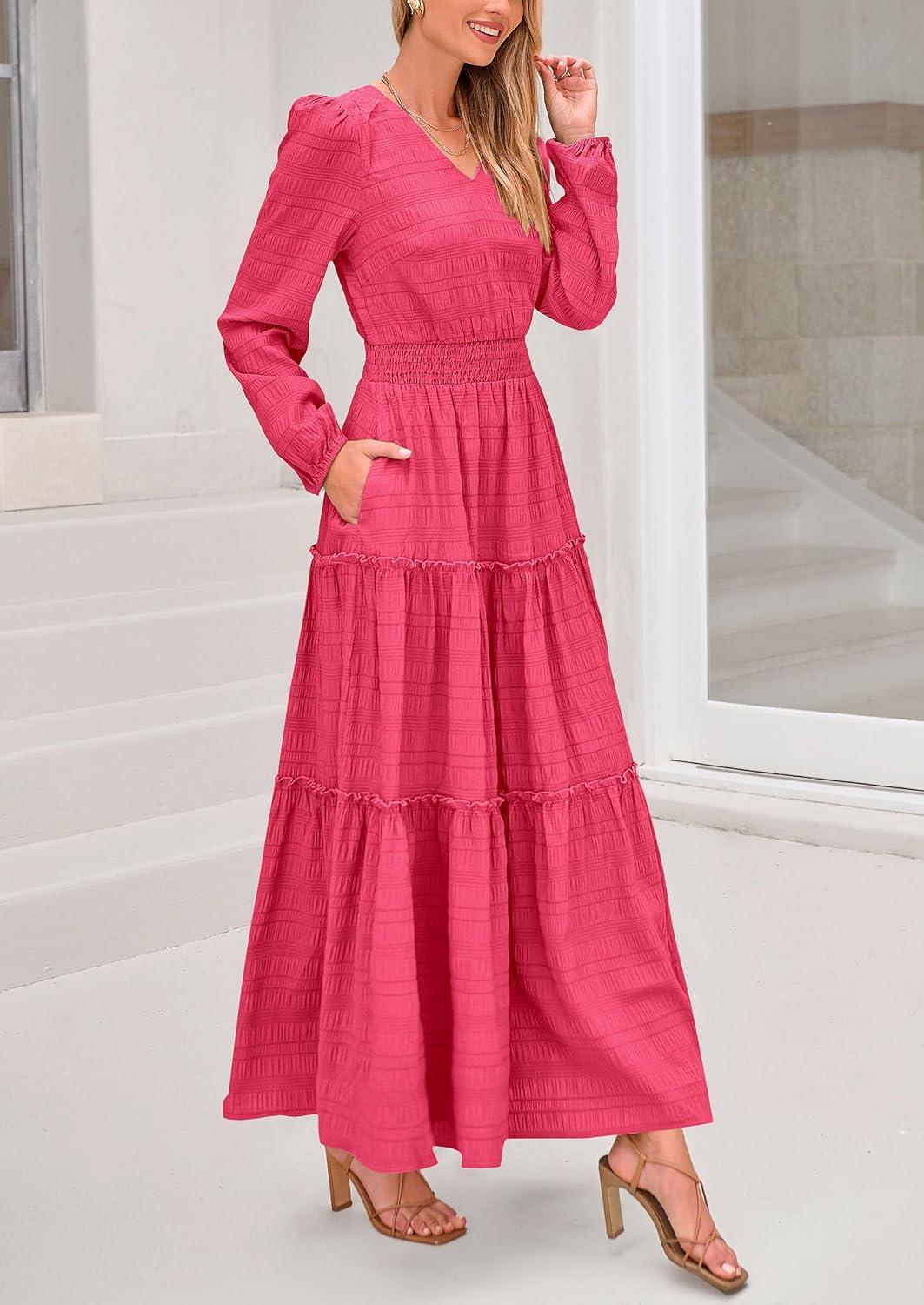 imagePRETTYGARDEN Womens Maxi Dress Casual Long Sleeve V Neck Smocked Waist Tiered Ruffle Flowy Cocktail Pocket DressesRose Red
