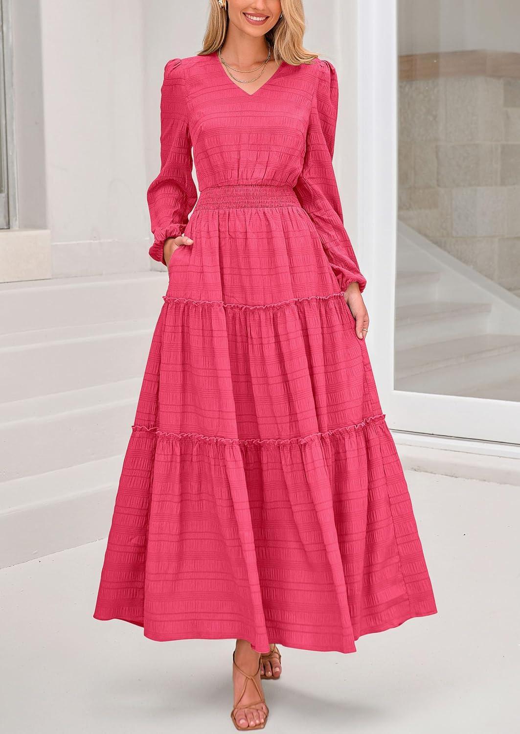 imagePRETTYGARDEN Womens Maxi Dress Casual Long Sleeve V Neck Smocked Waist Tiered Ruffle Flowy Cocktail Pocket DressesRose Red