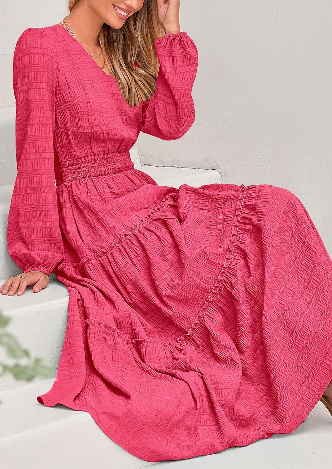 imagePRETTYGARDEN Womens Maxi Dress Casual Long Sleeve V Neck Smocked Waist Tiered Ruffle Flowy Cocktail Pocket DressesRose Red
