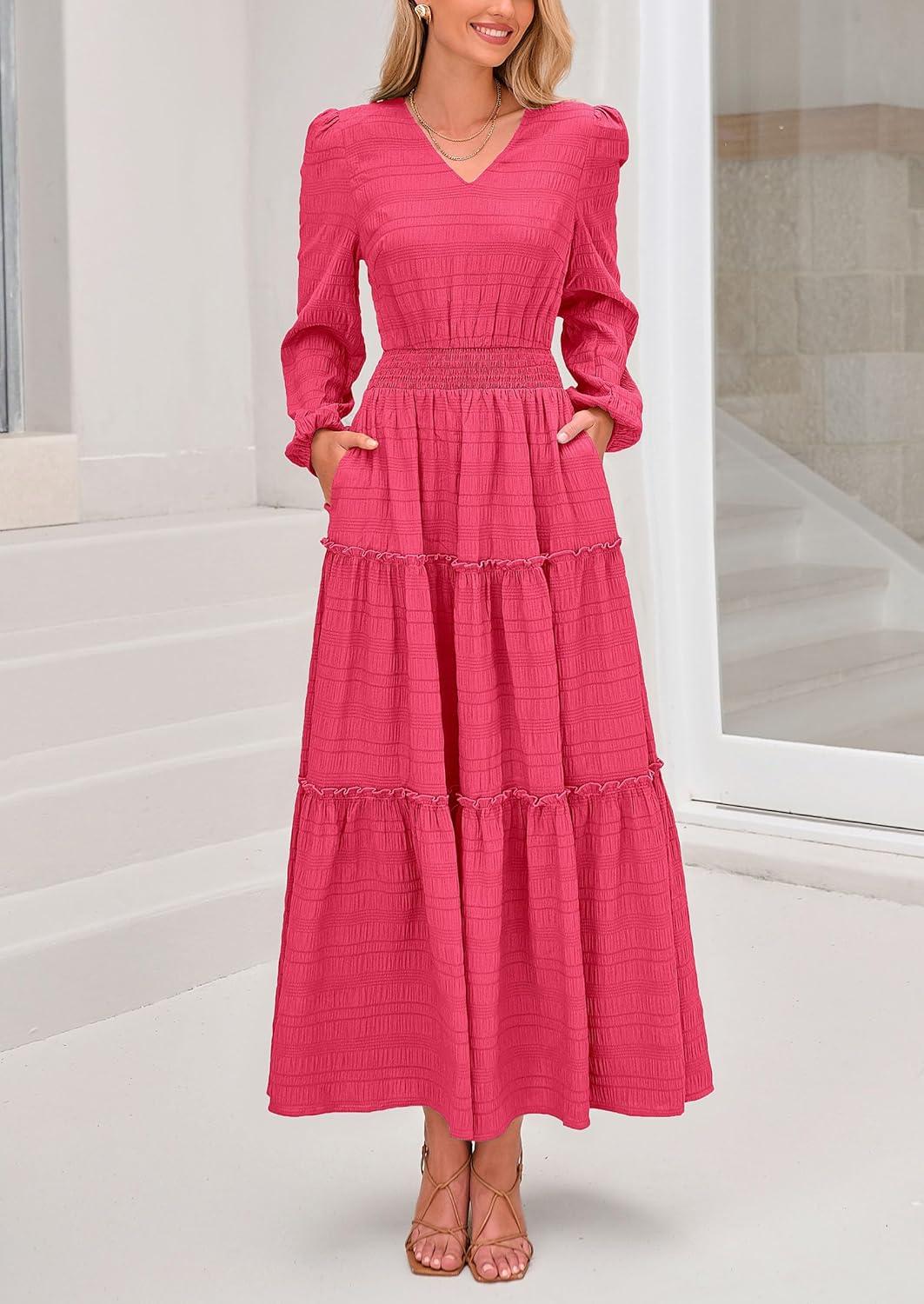 imagePRETTYGARDEN Womens Maxi Dress Casual Long Sleeve V Neck Smocked Waist Tiered Ruffle Flowy Cocktail Pocket DressesRose Red