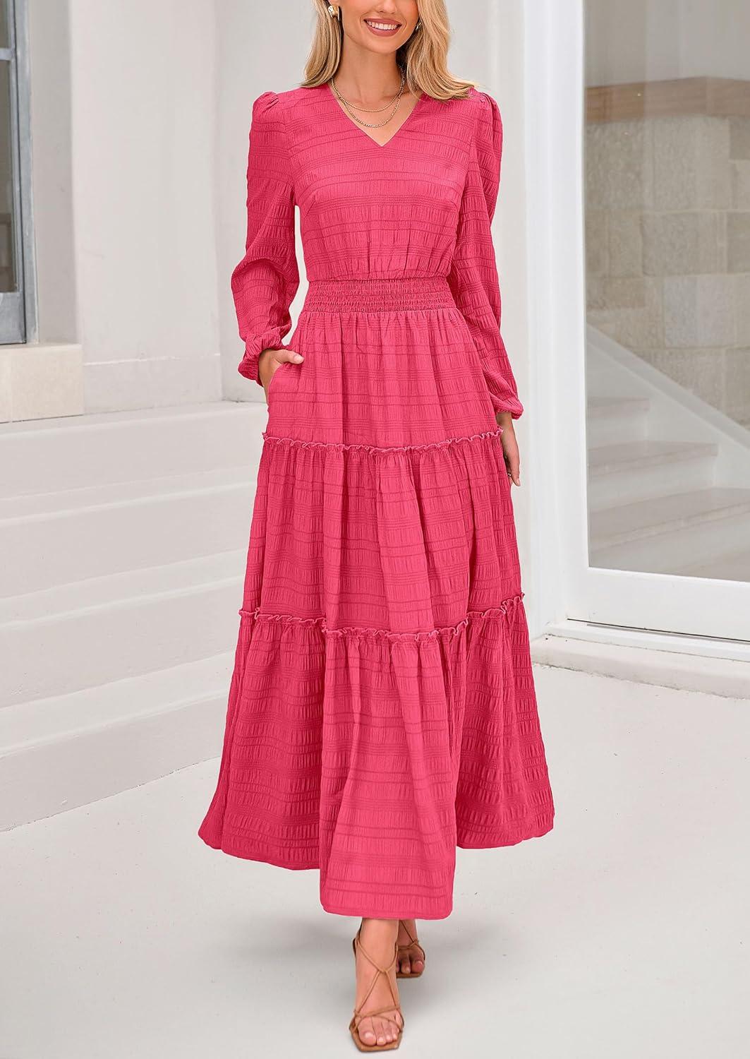 imagePRETTYGARDEN Womens Maxi Dress Casual Long Sleeve V Neck Smocked Waist Tiered Ruffle Flowy Cocktail Pocket DressesRose Red