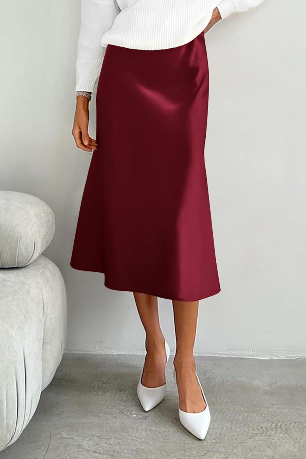 imagePRETTYGARDEN Womens Midi Skirts 2024 Summer Dressy Casual High Waisted Ruffle A Line Silk Satin Skirts