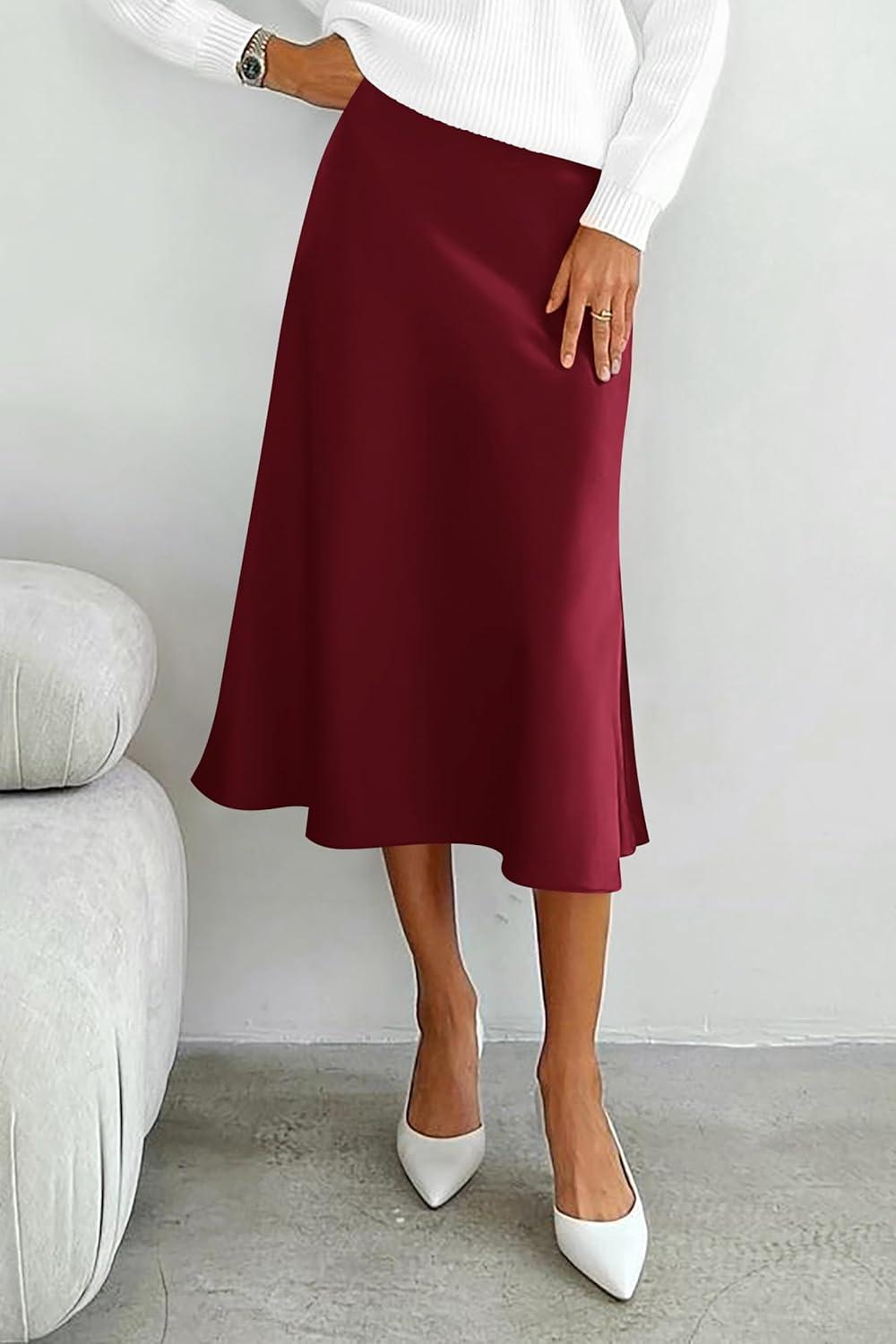 imagePRETTYGARDEN Womens Midi Skirts 2024 Summer Dressy Casual High Waisted Ruffle A Line Silk Satin Skirts