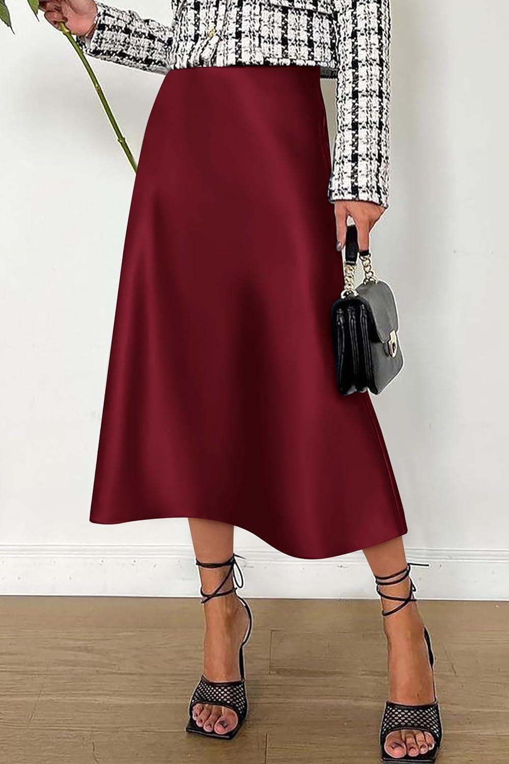 imagePRETTYGARDEN Womens Midi Skirts 2024 Summer Dressy Casual High Waisted Ruffle A Line Silk Satin Skirts