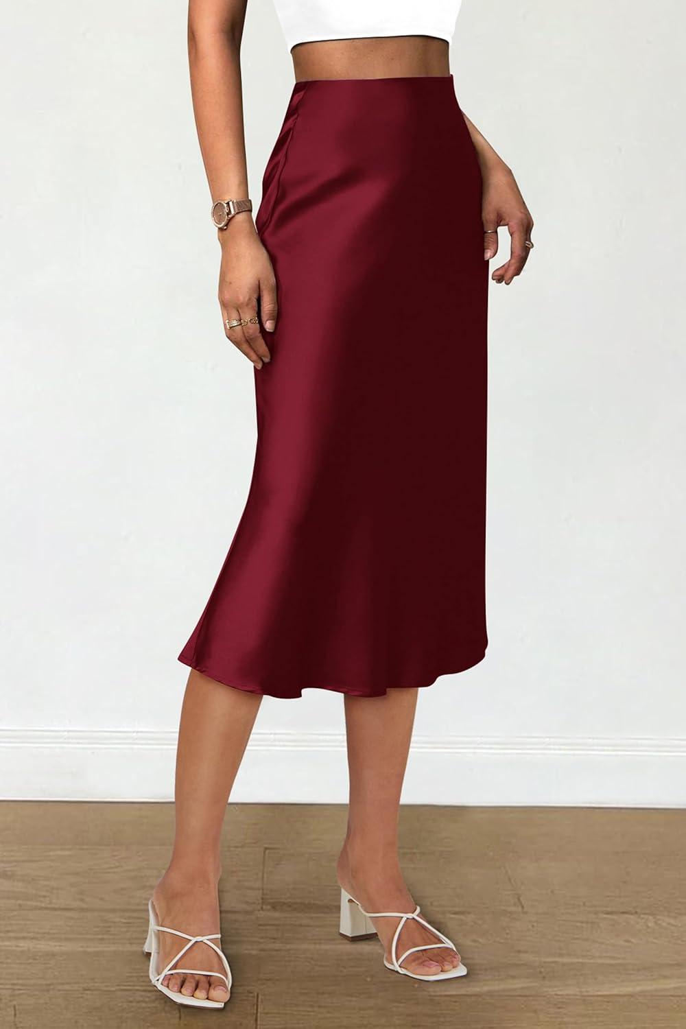 imagePRETTYGARDEN Womens Midi Skirts 2024 Summer Dressy Casual High Waisted Ruffle A Line Silk Satin Skirts
