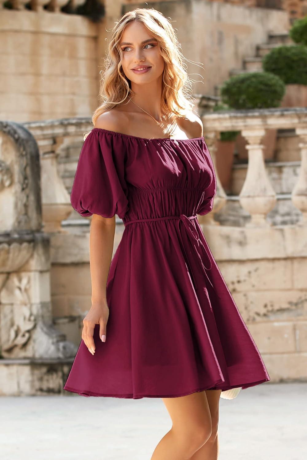 imagePRETTYGARDEN Womens Off The Shoulder Babydoll Dress Short Puff Sleeve Casual A Line Ruffle Summer DressesSolid Wine Red
