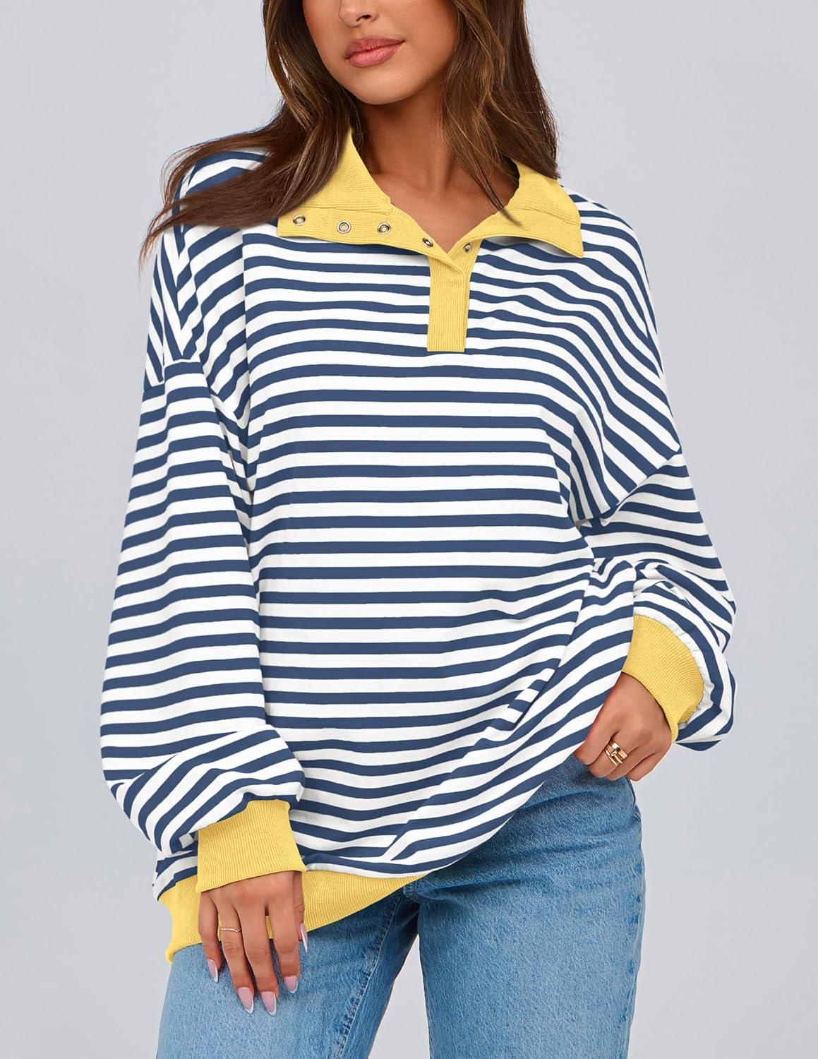 imagePRETTYGARDEN Womens Oversized Striped Sweatshirts Spring Fall Trendy Casual Long Sleeve Button Up Tops Shirt Preppy Clothes