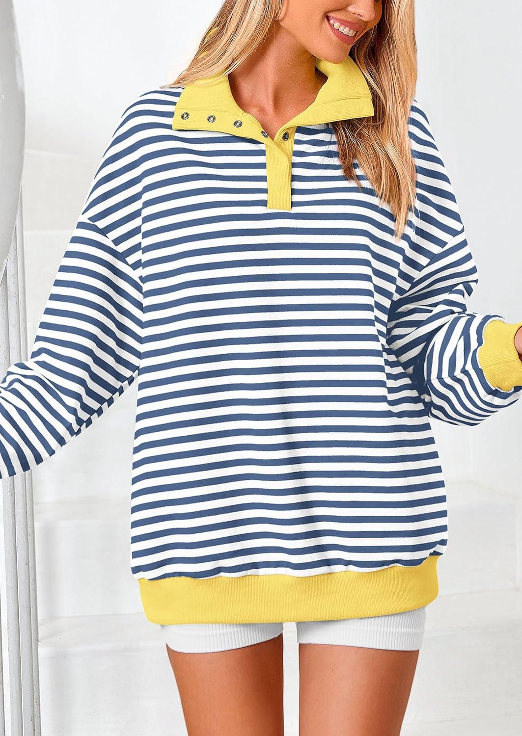 imagePRETTYGARDEN Womens Oversized Striped Sweatshirts Spring Fall Trendy Casual Long Sleeve Button Up Tops Shirt Preppy Clothes