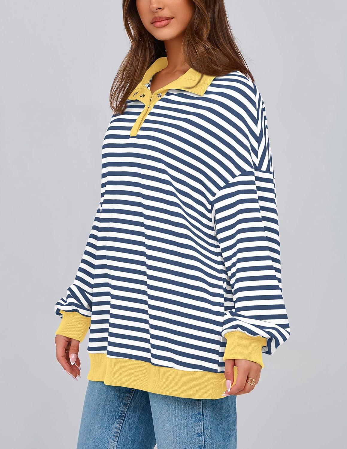 imagePRETTYGARDEN Womens Oversized Striped Sweatshirts Spring Fall Trendy Casual Long Sleeve Button Up Tops Shirt Preppy Clothes