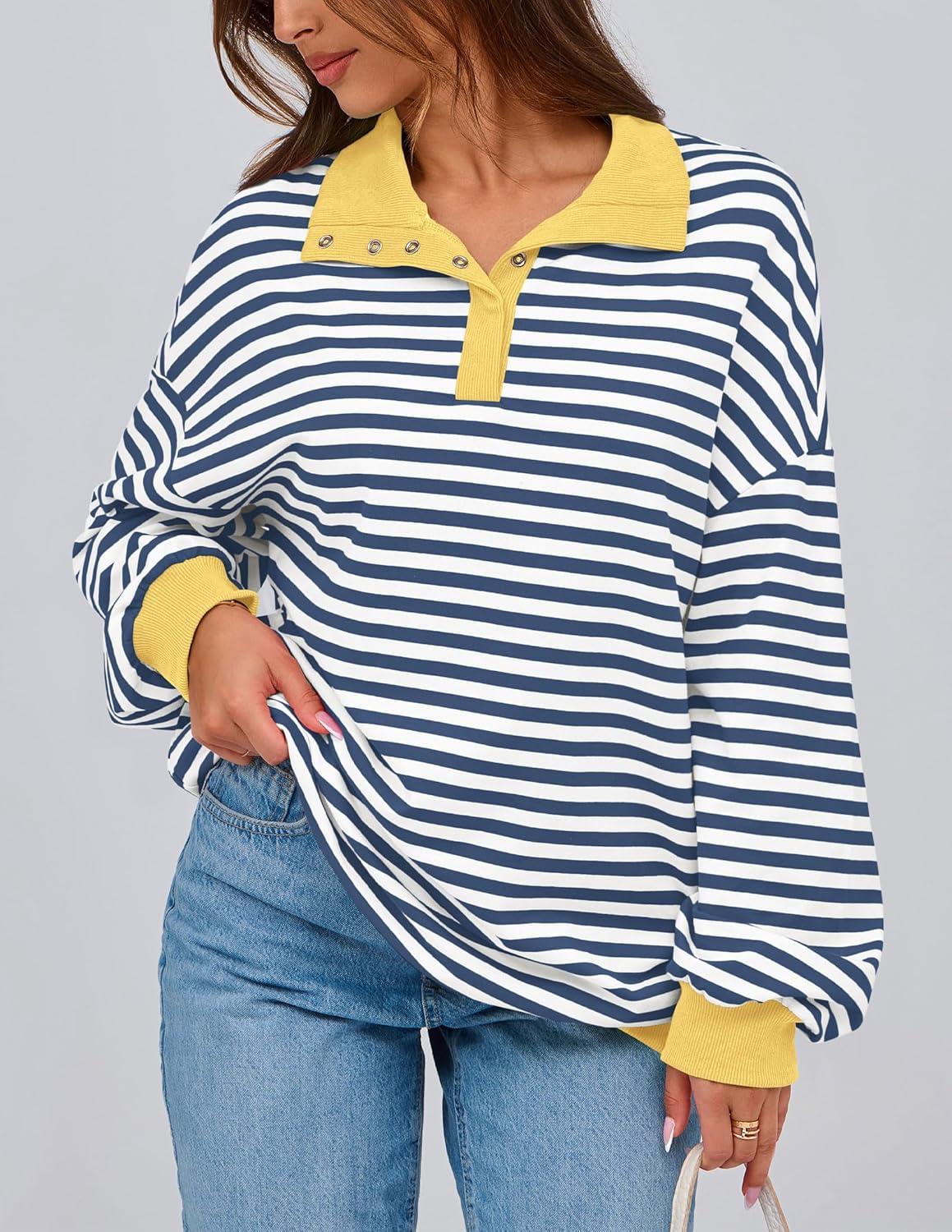 imagePRETTYGARDEN Womens Oversized Striped Sweatshirts Spring Fall Trendy Casual Long Sleeve Button Up Tops Shirt Preppy Clothes