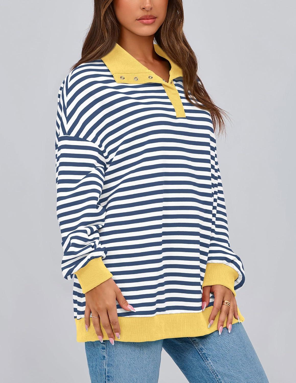 imagePRETTYGARDEN Womens Oversized Striped Sweatshirts Spring Fall Trendy Casual Long Sleeve Button Up Tops Shirt Preppy Clothes