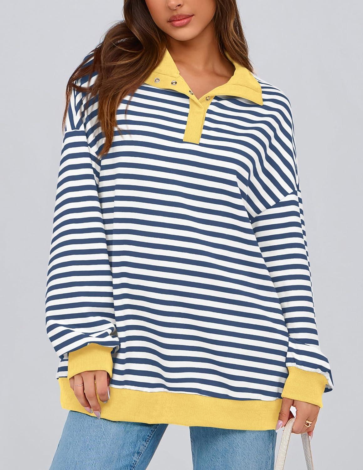 imagePRETTYGARDEN Womens Oversized Striped Sweatshirts Spring Fall Trendy Casual Long Sleeve Button Up Tops Shirt Preppy Clothes