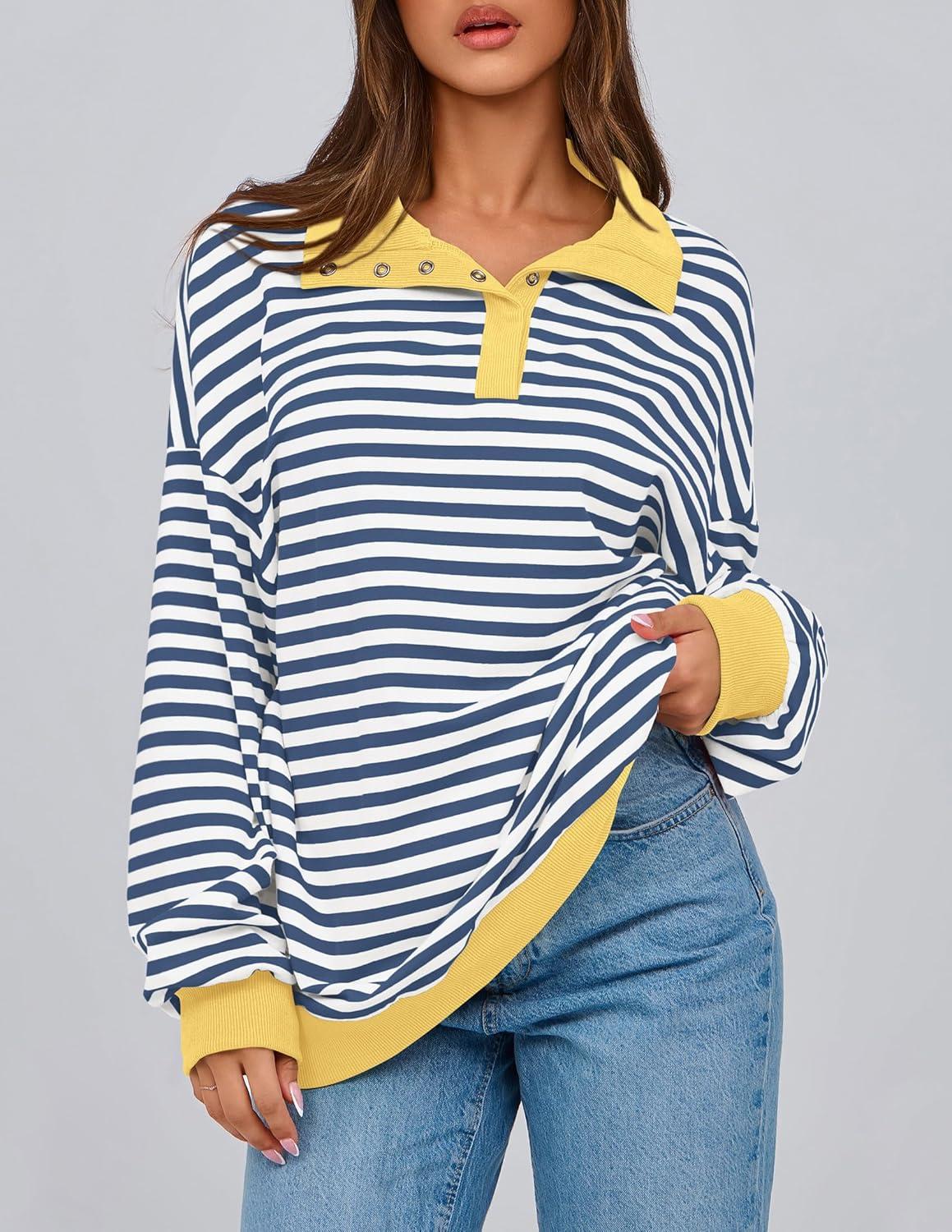 imagePRETTYGARDEN Womens Oversized Striped Sweatshirts Spring Fall Trendy Casual Long Sleeve Button Up Tops Shirt Preppy Clothes