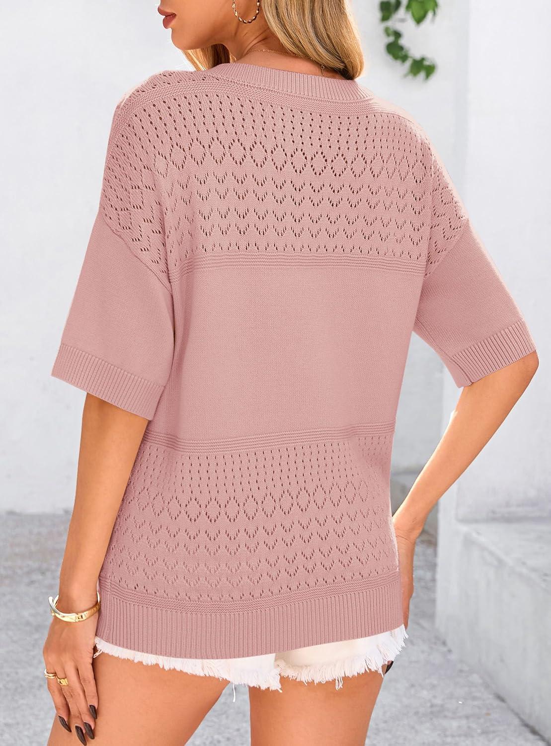 imagePRETTYGARDEN Womens Short Sleeve Sweater Tops 2026 Spring Summer Casual V Neck Ribbed Knit Trendy Eyelet Blouse T ShirtsPink