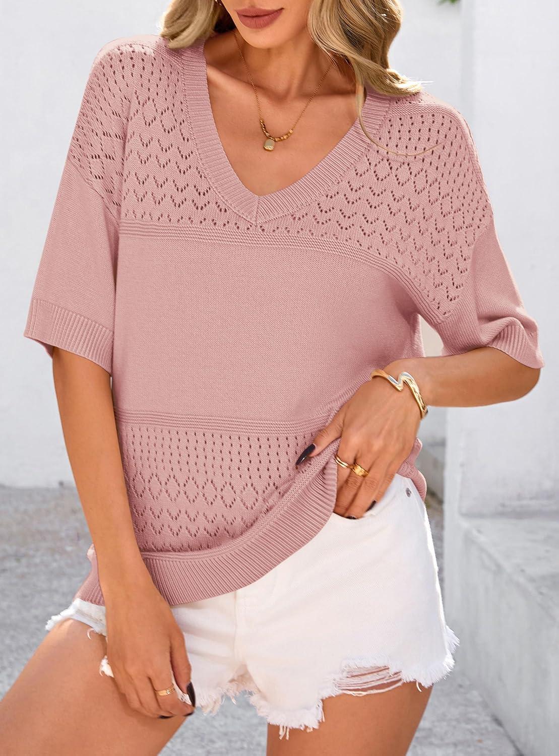 imagePRETTYGARDEN Womens Short Sleeve Sweater Tops 2026 Spring Summer Casual V Neck Ribbed Knit Trendy Eyelet Blouse T ShirtsPink