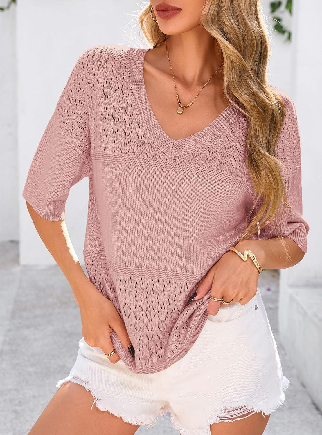 imagePRETTYGARDEN Womens Short Sleeve Sweater Tops 2026 Spring Summer Casual V Neck Ribbed Knit Trendy Eyelet Blouse T ShirtsPink