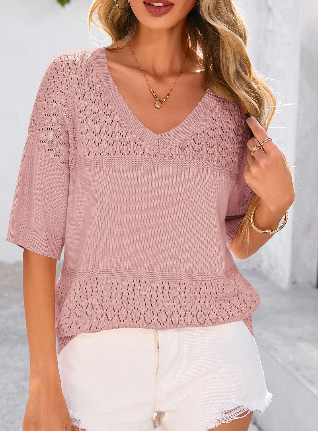 imagePRETTYGARDEN Womens Short Sleeve Sweater Tops 2026 Spring Summer Casual V Neck Ribbed Knit Trendy Eyelet Blouse T ShirtsPink