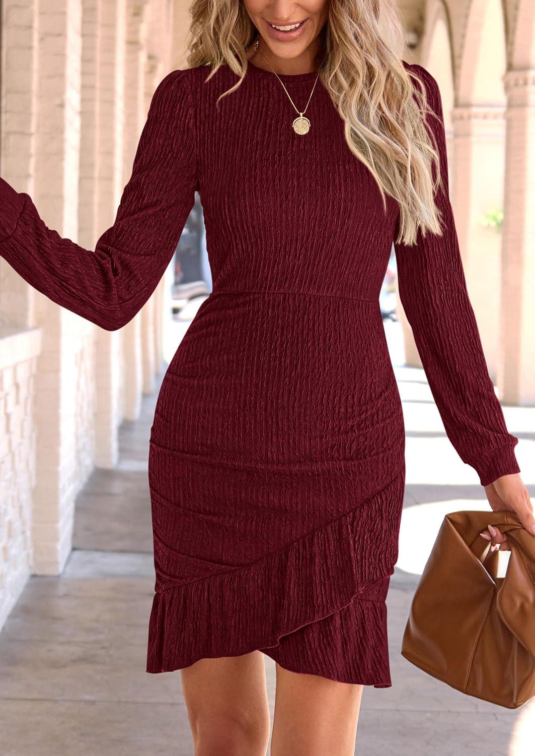 imagePRETTYGARDEN Womens Spring Fall Ruched Bodycon Mini Dress Long Puff Sleeve Ruffle Fitted Cocktail Party DressesWine Red