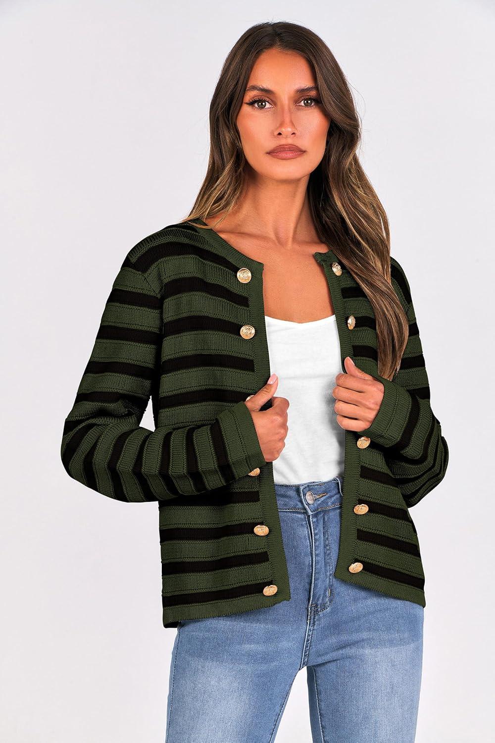 imagePRETTYGARDEN Womens Striped Cardigan Sweaters Ribbed Knit Long Sleeve Open Front Crewneck Casual Jackets