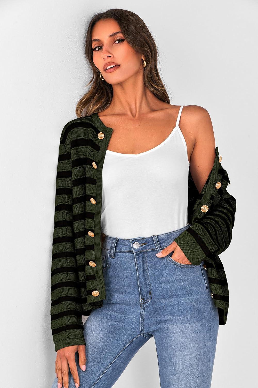 imagePRETTYGARDEN Womens Striped Cardigan Sweaters Ribbed Knit Long Sleeve Open Front Crewneck Casual Jackets