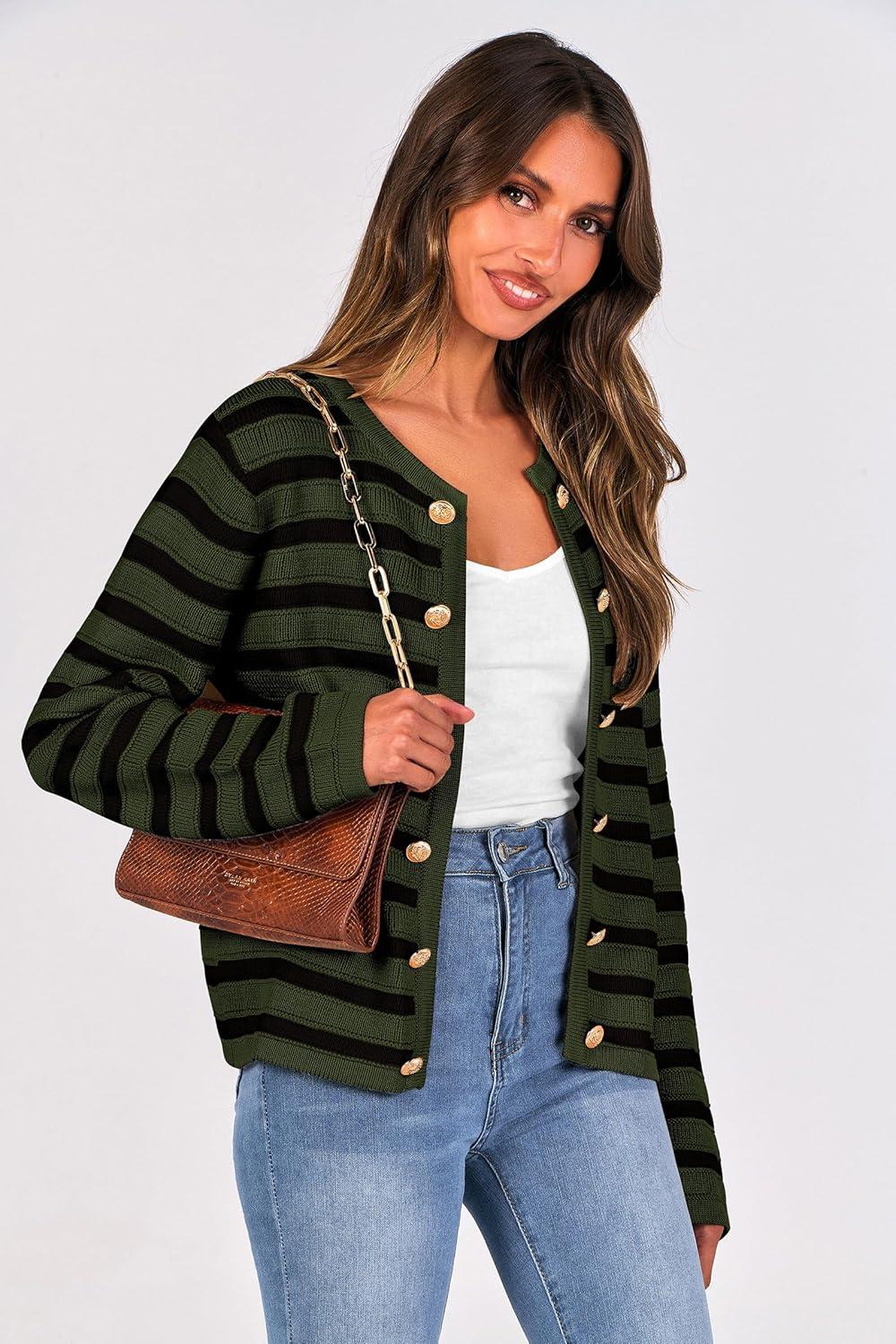 imagePRETTYGARDEN Womens Striped Cardigan Sweaters Ribbed Knit Long Sleeve Open Front Crewneck Casual Jackets