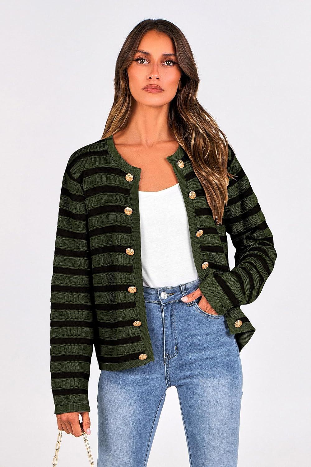 imagePRETTYGARDEN Womens Striped Cardigan Sweaters Ribbed Knit Long Sleeve Open Front Crewneck Casual Jackets
