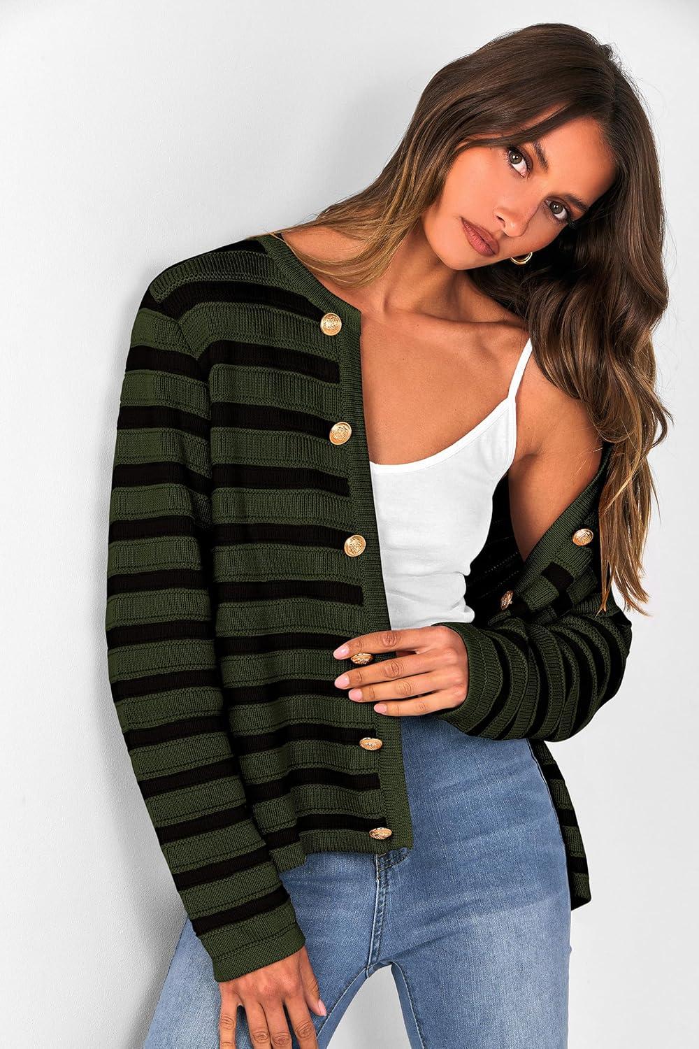 imagePRETTYGARDEN Womens Striped Cardigan Sweaters Ribbed Knit Long Sleeve Open Front Crewneck Casual Jackets