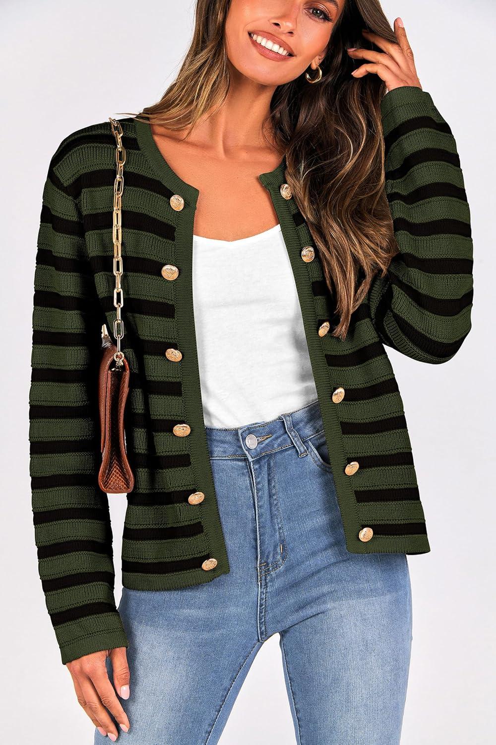 imagePRETTYGARDEN Womens Striped Cardigan Sweaters Ribbed Knit Long Sleeve Open Front Crewneck Casual Jackets